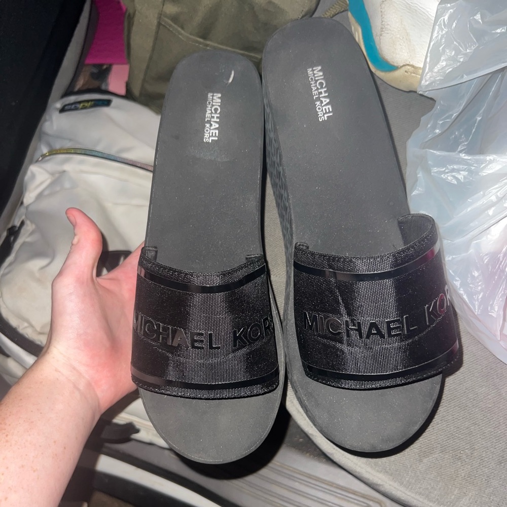 Michael Kors Womens Black MK Logo Platform Slip On Sandals